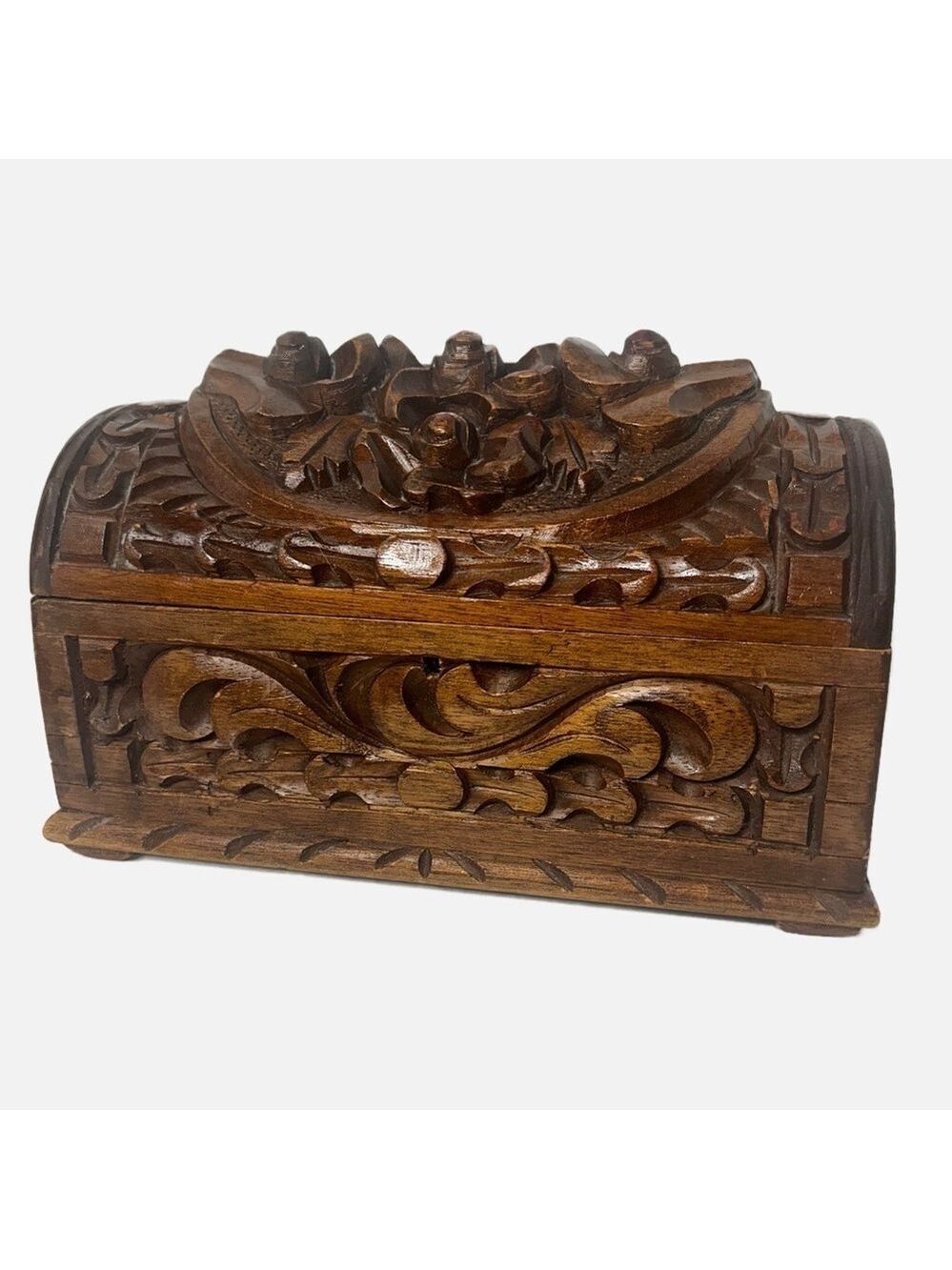 Antique Footed Hand carved Wooden Box Primitive Doned Floral Design Storage